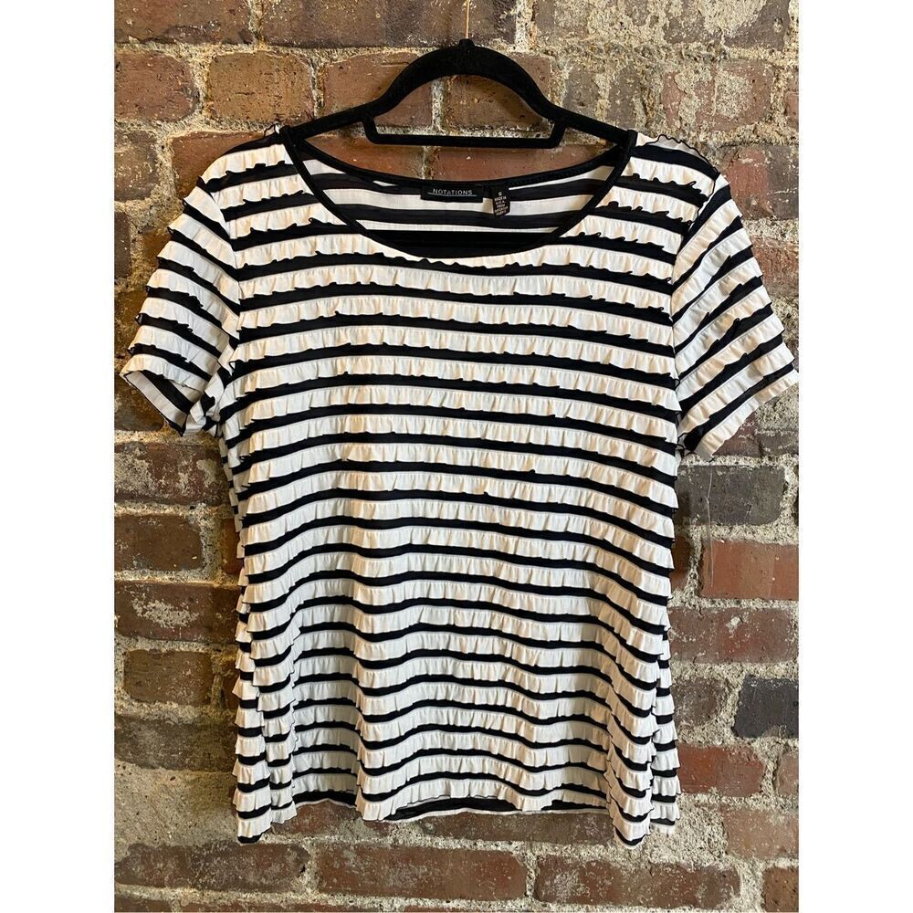Notations Black & White Ruffle Striped Cap Sleeve T-shirt Blouse women’s Size S